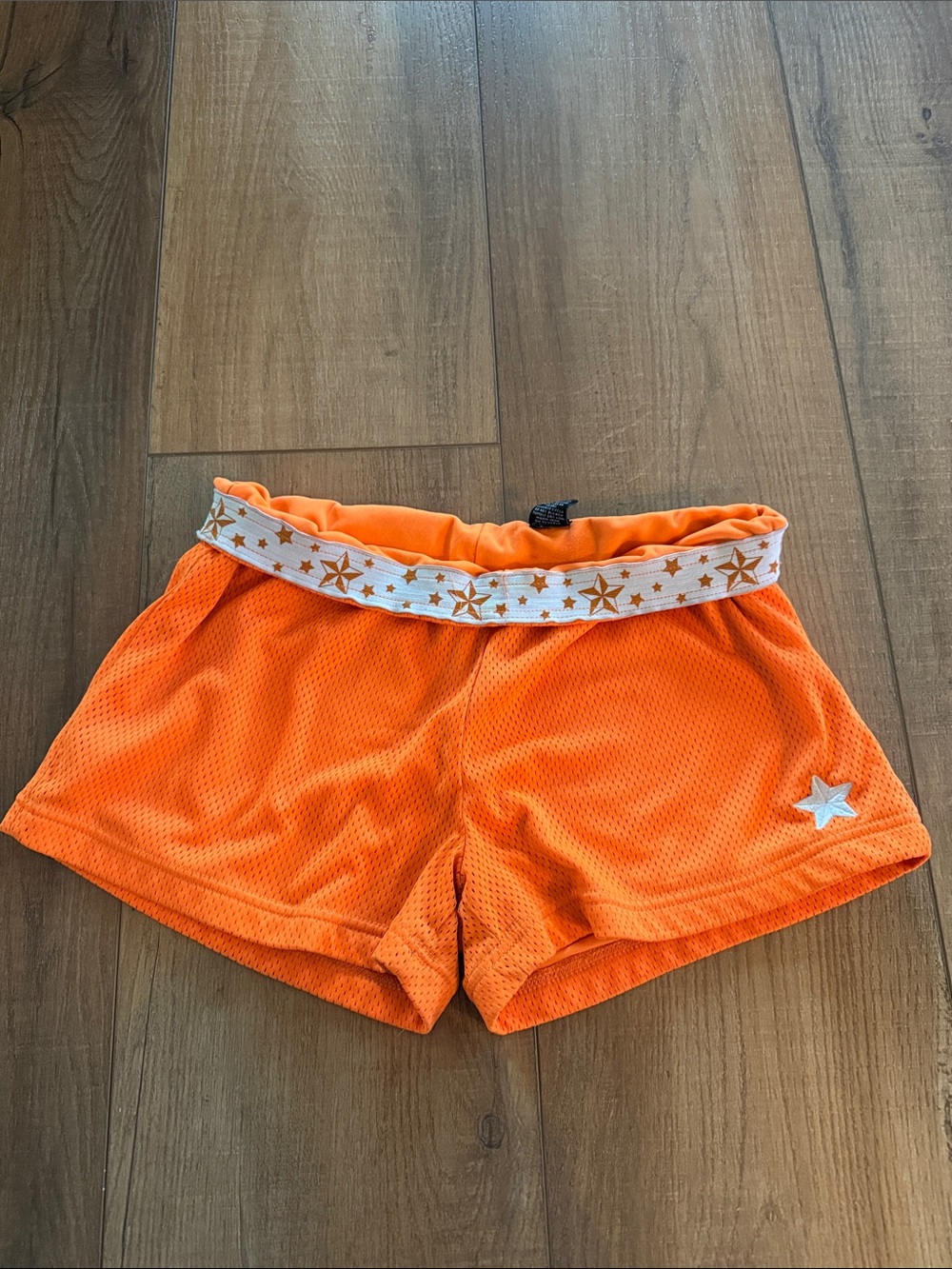 Women Orange Cheer Dance Shorts Metallic Star Foldover Waist Lined Athletic Y2K